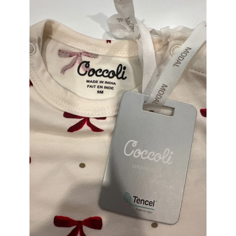 Coccoli Baby Girl Red Bow Ruffle Long Sleeve Bodysuit Cream 9M NWT